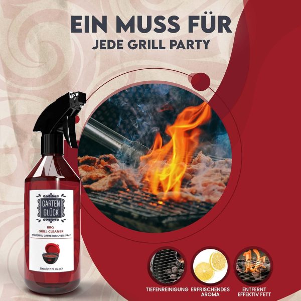 Garten Glück® Grill Cleaner Extra Strong – 500 ml – Natural BBQ Grill Cleaner Газов грил и решетка за скара, с аромат на лимоново масло, Грил почистващ препарат за газова скара, Грил спрей