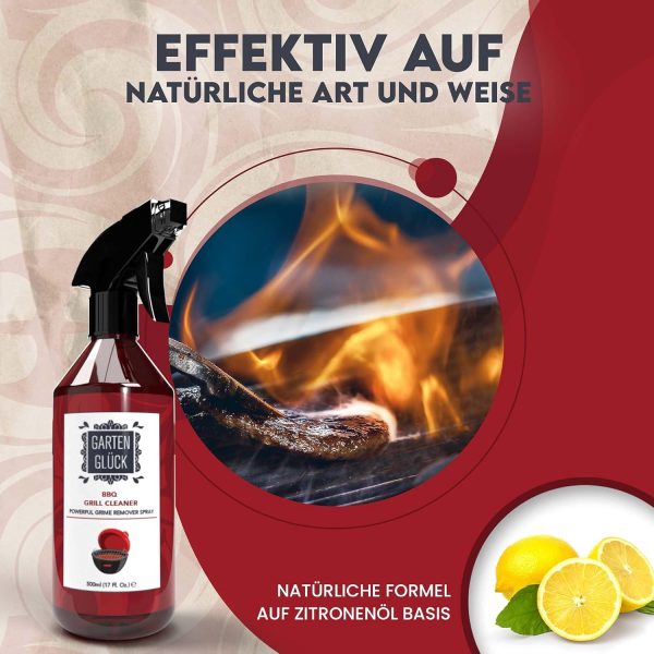 Garten Glück® Grill Cleaner Extra Strong – 500 ml – Natural BBQ Grill Cleaner Газов грил и решетка за скара, с аромат на лимоново масло, Грил почистващ препарат за газова скара, Грил спрей