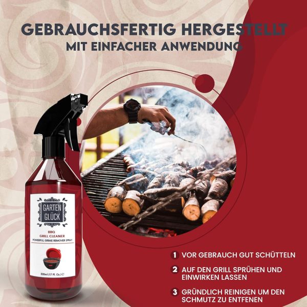 Garten Glück® Grill Cleaner Extra Strong – 500 ml – Natural BBQ Grill Cleaner Газов грил и решетка за скара, с аромат на лимоново масло, Грил почистващ препарат за газова скара, Грил спрей