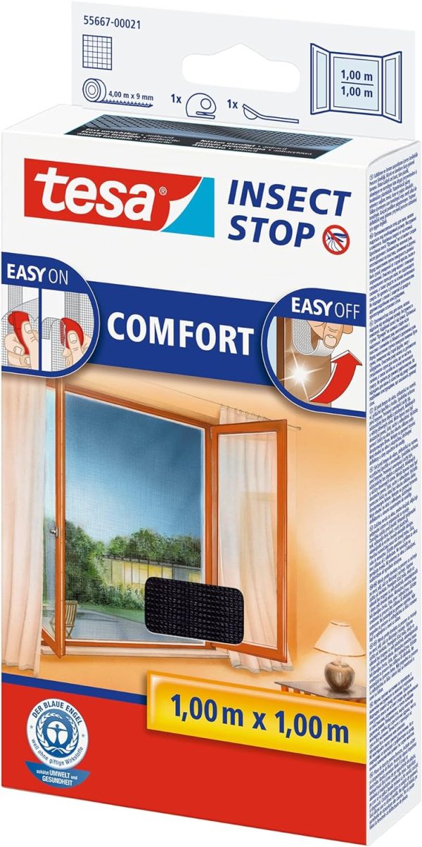 Комфортна мрежа против насекоми tesa Hook & Loop Comfort за прозорци, с лента за закачане и примка, Сваляща се без оставяне на следи, Миеща се и многократна употреба, Размери: 1м:1м