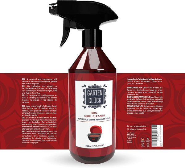 Garten Glück® Grill Cleaner Extra Strong – 500 ml – Natural BBQ Grill Cleaner Газов грил и решетка за скара, с аромат на лимоново масло, Грил почистващ препарат за газова скара, Грил спрей