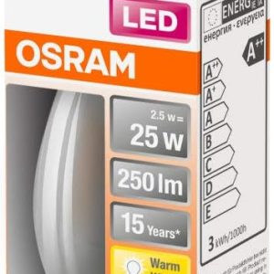 LED лампа OSRAM с нажежаема жичка с цокъл E14, топло бяло (2700 K), форма на свещ, 2,5 W, заместител за 25 W крушка, матова, LED Retrofit Classic B, топло бяло